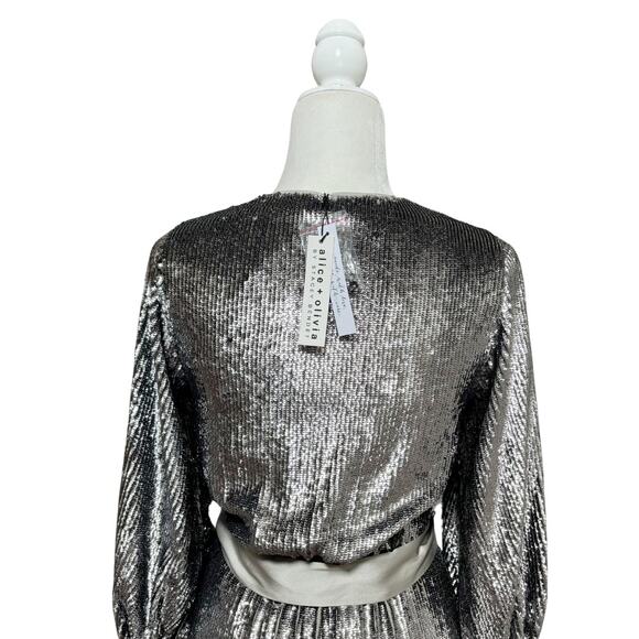 Alice + Olivia Anne Embellished Sequin Belted Wrap Dress Silver 0 NWT - Picture 7 of 10